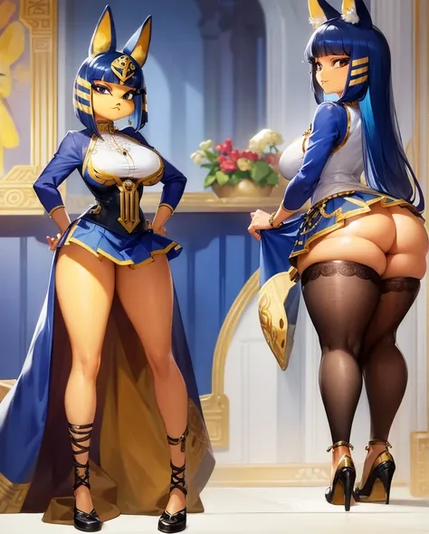 (masterpiece, best quality), intricate details, 8k, artstation, wallpaper, official art, splash art, sharp focus,  Ankha (Animal Crossing), Ankha, hands on hips,
dress shirt,bangle,ankle lace-up,skirt,expression chart,
smug,standing, thicc curves voluptuou...