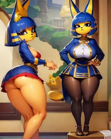 (masterpiece, best quality), intricate details, 8k, artstation, wallpaper, official art, splash art, sharp focus,  Ankha (Animal Crossing), Ankha, hands on hips,
dress shirt,bangle,ankle lace-up,skirt,expression chart,
smug,standing, thicc curves voluptuou...