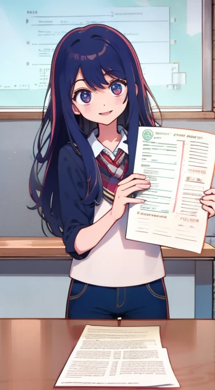 A kid show her Exam paper,smiling,proudly,happy