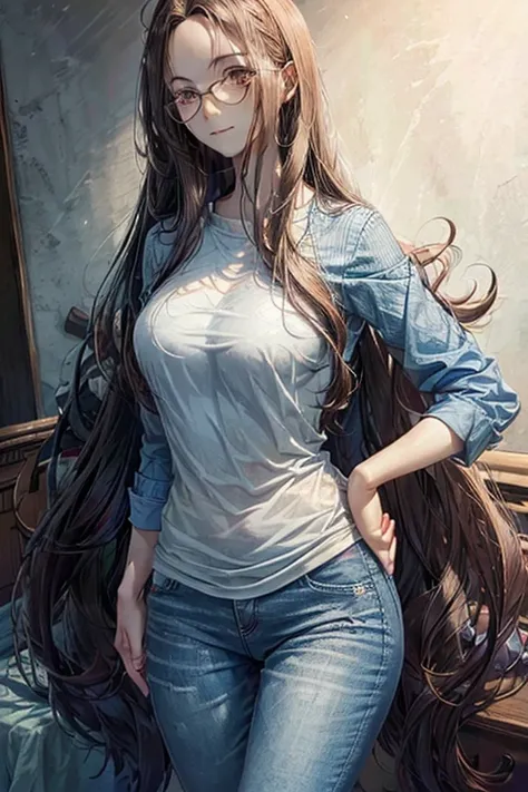 woman with long hair and glasses, her hair is messy and unkempt, young with long hair, extremely long forehead, with a small beard, curls on top of her head, with nerdy glasses, very long and unkempt hair, tall forehead, in blue jeans and blue shirt