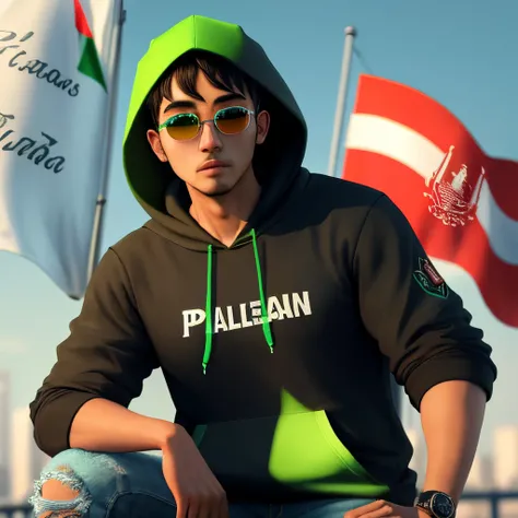 A man3d wear hoodie green pop up name
"Andhy" wear glases and flag palestine