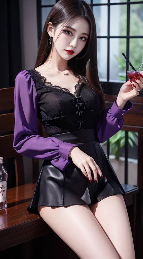 Charming beauties、校服、blouse、tight skirts、Evil Female Executive、Evil Fall、dark、brainwash、panthyhose、lacy fabric、Glossy legs、Red lipstick、purple nail polish、Evil look、Suspicious look、Hollow eyes、darkened room、Night、wicked、Drink liquids