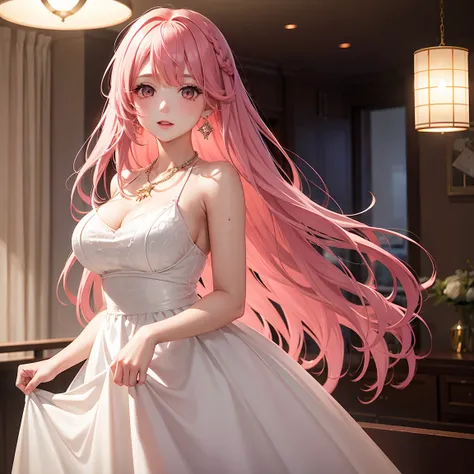 1 girl, solo, pink hair, brown eyes, fashionable, double-parted bangs, long hair, crown braid, (mature female, mature:0.8), (pixiv:1.4), high quality, mole under eye, white gown, earrings, necklace, lipstick, ballroom, indoors, light fixture