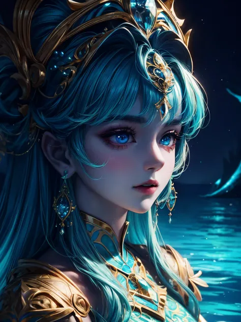 masterpiece, artistic, gorgeous, best quality, close up, princess in the dark with glowing eyes, glow,dark, cool colors, alone, solo,elegant, blue, ocean theme, gold,intricate dress, earings,