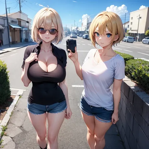 2D Anime Style、Blue eyes、breasts are slightly larger、Blonde Shorthair、cool and beautiful adult woman、full body Esbian、Snowy outdoors、Im wearing shorts, Sunglasses, Tops with visible cleavage