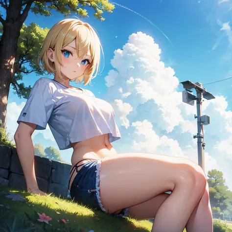 2D Anime Style、Blue eyes、breasts are slightly larger、Cool and beautiful adult woman with short blonde hair、full body Esbian、Snowy outdoor、Im wearing shorts, Tops that show your stomach