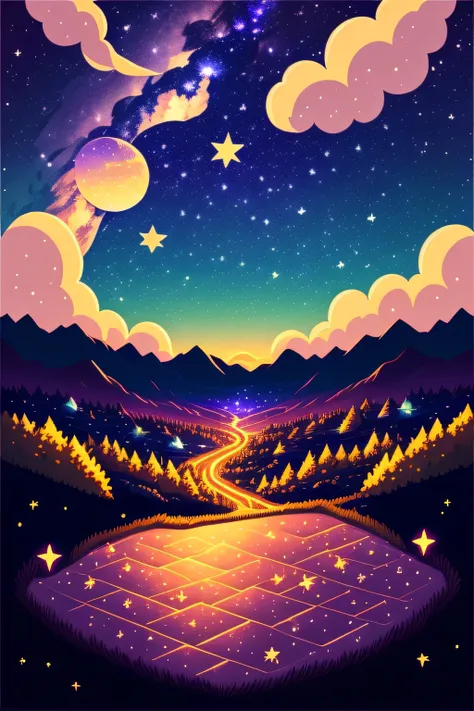 stardew valley themed night sky, filled with stars, view on ground looking up