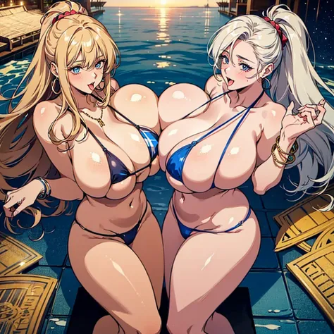 (masterpiece), best quality, 
(2girls, symmetrical docking:1.4), 
(intricate high detailed body:1.2), 
gyaru, (oiled skin:1.1), blonde hair, long hair, 
naughty face, open mouth, (tongue out:1.2), 
(slim body:1.1), (huge sagging breasts:1.6), 
(stars and s...