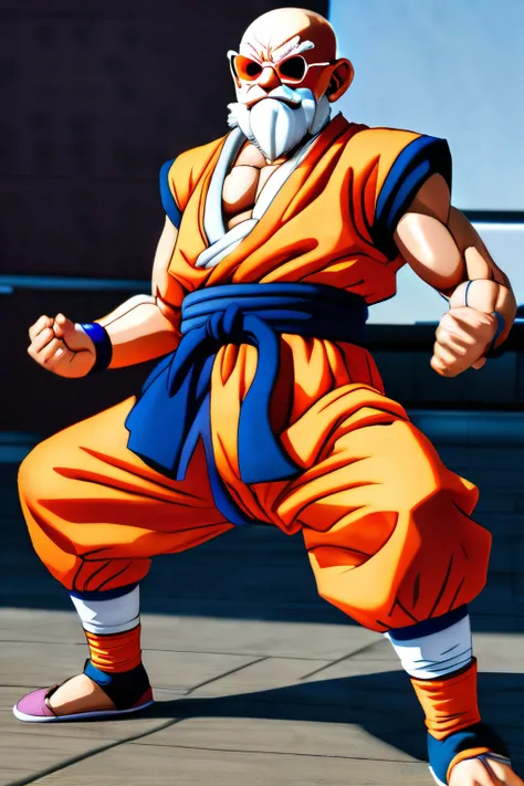 photo, full body shot, hyper realistic, phot0realistic, Master Roshi of Dragon Ball, action pose