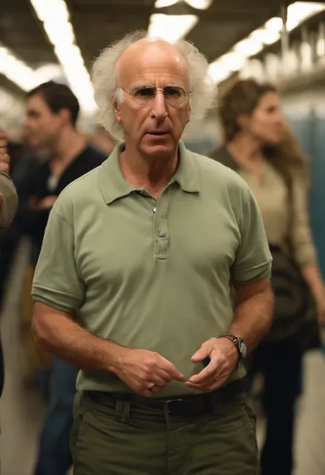 A photo of Larry scowling at a group of street performers in the subway station.,Curb Your Enthusiasm,Larry David, the character from “Curb Your Enthusiasm,” mirrors his real-life counterpart with a casual, often disheveled appearance, typically seen in kh...