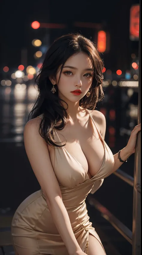 4k,Best quality, masterpiece, ultra high res, (photorealistic:1.4), 1girl, ((formal fashion style)), (dynamic pose), red lip, large breasts, (night city view), perfect body, half body