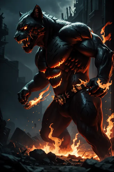 nightmare beast Jaguar, flames, best quality, cinematic lighting, beautiful,