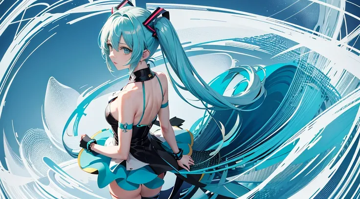 miku hatsune、absurderes, Hi-Res, The ultra-detailliert, 1girl in, 独奏,, Ultra-precise depiction,, (dynamicposes), (Abstract background:1.5), , short platinum blonde, (Glossy skin), multi colored, The upper part of the body, (From  above),Music、Light blue pa...