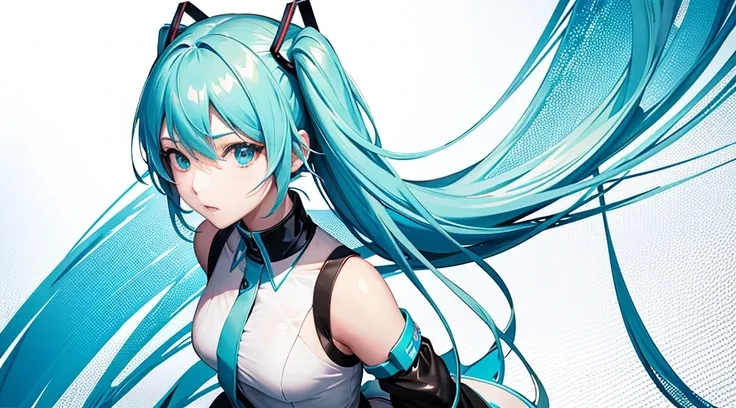 miku hatsune、absurderes, Hi-Res, The ultra-detailliert, 1girl in, 独奏,, Ultra-precise depiction,, (dynamicposes), (Abstract background:1.5), , short platinum blonde, (Glossy skin), multi colored, The upper part of the body, (From  above),Music、Light blue pa...