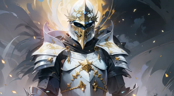 a mad angry medieval white knight, detailed armor, full gauntlets, detailed helmet, detailed large white sword, mystic golden jewels in the armor, cosmic white hole background, horror, mist, shadowy smoke, dark ambient, dark aura