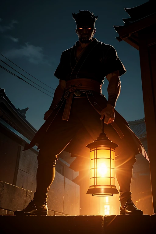 Man in the dark, under the illumination of a streetlamp, his shadow transforming into that of a powerful and enigmatic samurai.