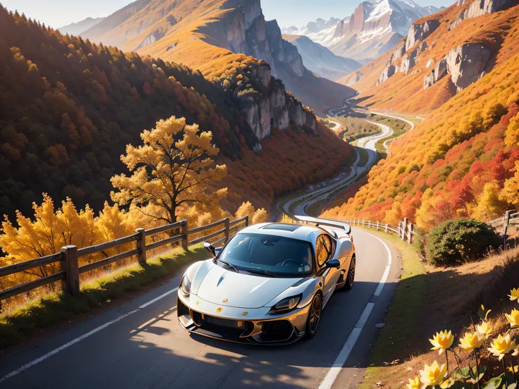 超A high resolution、An ultra-high picture quality、8K、Detailed details、marvelous expression、Late autumn valley、Beautiful autumn leaves、A white sports car runs gracefully on a mountain pass road、((lotus super 7))