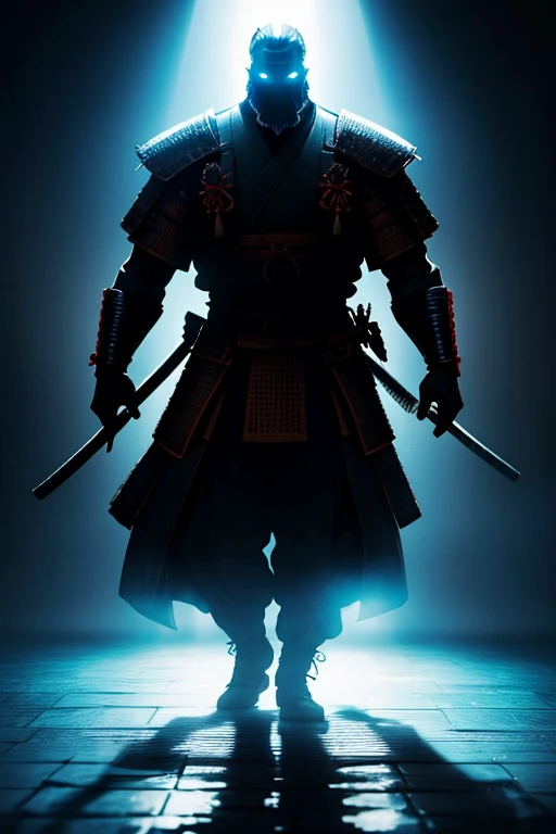 man standing under a pool of light, his own shadow morphing into the imposing figure of a samurai warrior