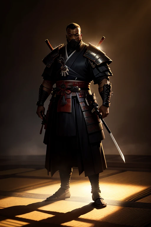 man standing under a pool of light, his own shadow morphing into the imposing figure of a samurai warrior