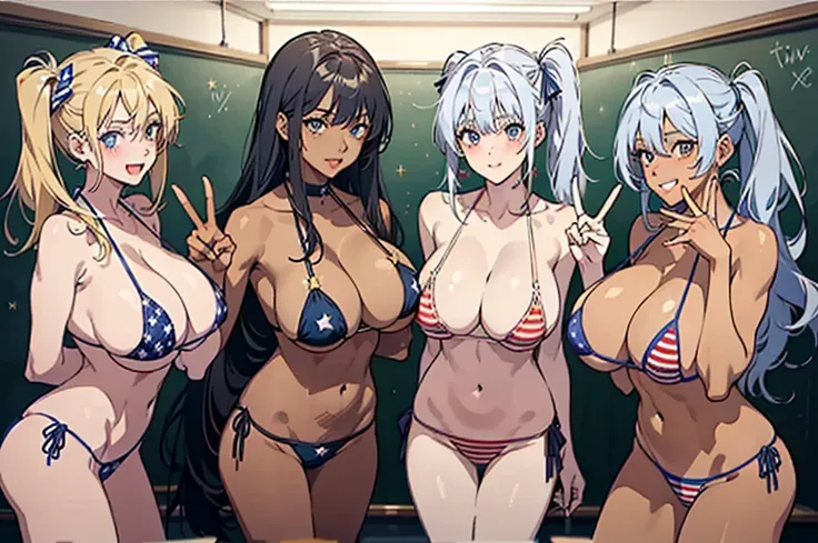 (masterpiece), maximum quality, (Colorful:1.1), (3 girls, group shot:1.4), (slim body:1.1), (huge tits:1.5), (dark skin:1.1), (muscles:1.1), blonde  hair, Silver hair, Twin tails, (leaning forward:1.4), (Open your mouth, happy smile:1.1), (winc:1.4),peace ...