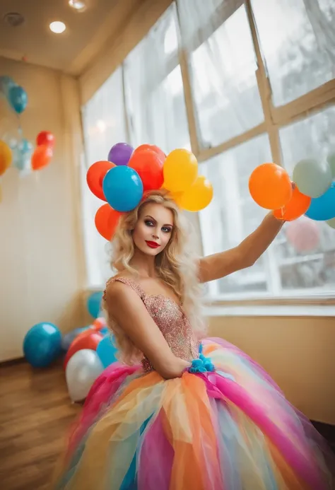 A photo of Princess dressed as a clown, juggling colorful balloons at a childrens hospital,original,The most beautiful girl in every room. She is blonde and blue eyes. She is Russian and have the model physique. Very tall, lean physique