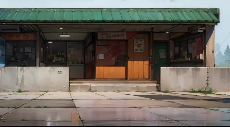 (ghibli style background illustration), small souvenir shop, street food stall, restaurant, country side, (far away), (road), concrete floor, low wall fence, corner store, (neat:1.5)