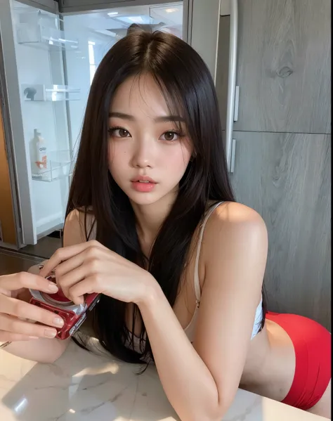 there is a woman in a red bikini holding a cell phone, Hermosa joven coreana, Hermosa mujer surcoreana, Chica coreana, Blackpink Jennie, Hermosa joven coreana, 18 years old, 2 2 years old, beautiful asian girl, Gongbi, Asian girl, 21-year-old, Hermosa mode...