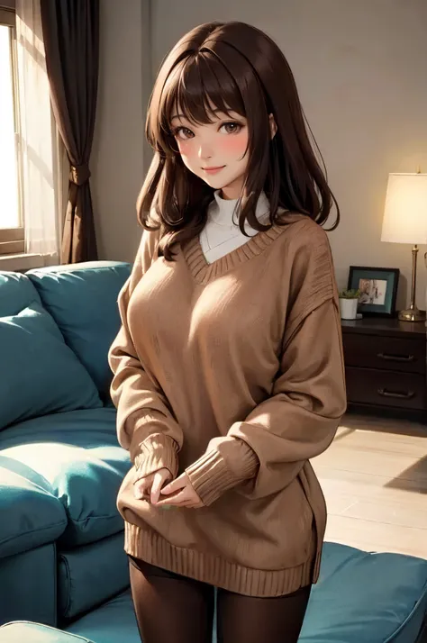 1lady standing, /(oversized sweater/) v-neck, mature female, /(brown hair/) bangs, blush kind smile, (masterpiece best quality:1.2) delicate illustration ultra-detailed, large breasts pantyhose BREAK /(modern house living room/) indoors