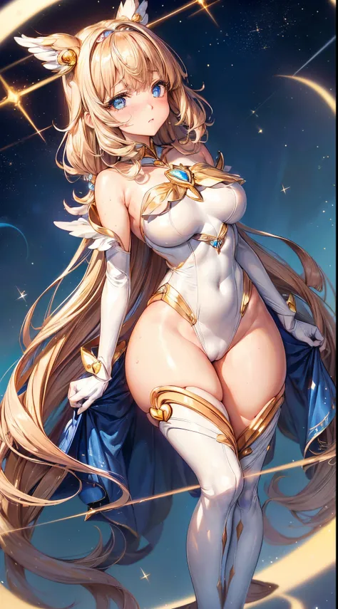 1womanl,Golden head hair,12year old ,((Impatient expression)),Beautiful breasts,(((Sexy magical girl white and blue high leg bodysuit)))(())(((Blushing cheeks、Surprised look)),((())),((( portlate))),Blue eyes,(((Bangs are aligned)))()Street,Crowds(magical ...