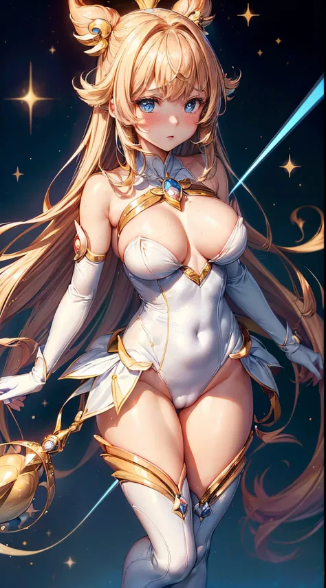 1womanl,Golden head hair,12year old ,((Impatient expression)),Beautiful breasts,(((Sexy magical girl white and blue high leg bodysuit)))(())(((Blushing cheeks、Surprised look)),((())),((( portlate))),Blue eyes,(((Bangs are aligned)))()Street,Crowds(magical ...