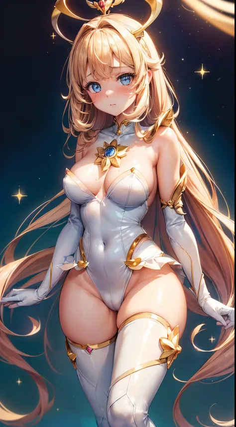 1womanl,Golden head hair,12year old ,((Impatient expression)),Beautiful breasts,(((Sexy magical girl white and blue high leg bodysuit)))(())(((Blushing cheeks、Surprised look)),((())),((( portlate))),Blue eyes,(((Bangs are aligned)))()Street,Crowds(magical ...