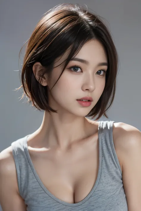 Skin Tight Black Top:1.2, Looking at Viewer, Cinematic lighting, Perfect, softlight, High resolution skin:1.2, Realistic skin texture,30 years old mature woman、a small face、no-makeup、 Realistic face, off shoulders, Exposed cleavage,Bust B Cup、Small breasts...