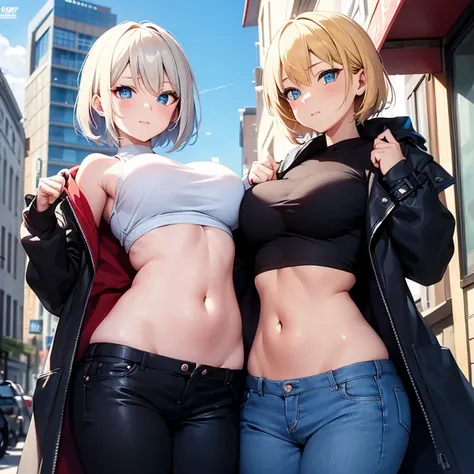 2D Anime Style、Blue eyes、breasts are slightly larger、A cool and beautiful adult woman with short blonde hair is wearing a top coat that shows her stomach and long pants in town.