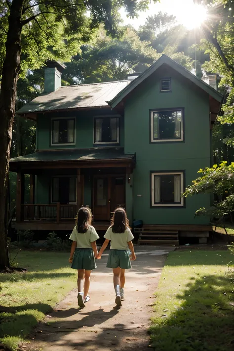 green building，two story house，Surrounded by dense woods，The sun shines in the morning，Two little girls walking