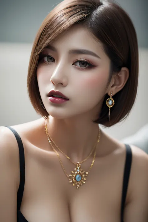 Very short bob of any hair color, short bob of any hairstyle, RAW photo, photorealistic, (very dark lip gloss), so many eyelashes, elegant eyeshadow, white skin, glossy skin, high quality, high resolution, depth of field, chromatic aberration, caustics, (K...