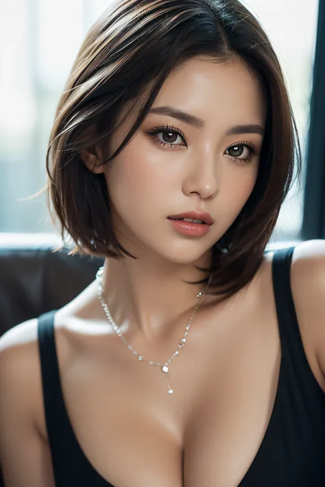 Very short bob of any hair color、Short bob with optional hairstyle、Raw photography、Photorealsitic、（very dark lipgloss）、So many eyelashes、Elegant eyeshadow、de pele branca、Glossy skin、hightquality、hight resolution、depth of fields、chromatic abberation、Caustic...