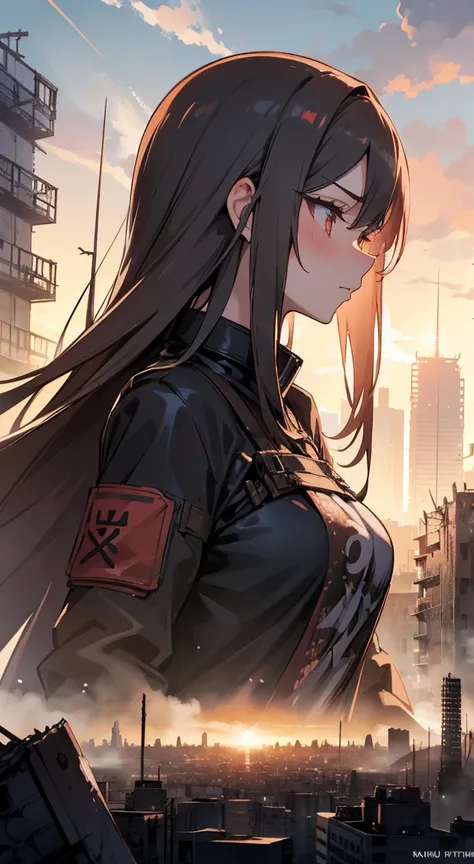 1girl, mature, adult, profile view, wind, long hair, very long hair, blowing hair, beauty, medium breast, master piece, eyelashes, blush, thinking, (destroyed city, post apocalyptic, ruins)(Kaiju in background:1.3) Godzilla in background, anime_composition