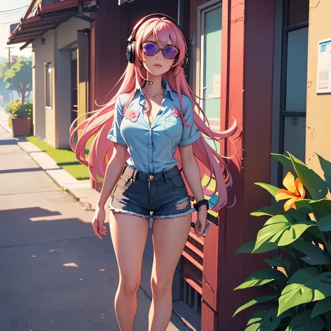 Masterpiece, best quality, (very detailed CG unity 8k wallpaper) (best quality), (best illustration), (best shadows), single female, full body, long pink hair, anime, very large breasts, short sleeve button up hawaiian shirt with flowers, jean shorts, cybe...