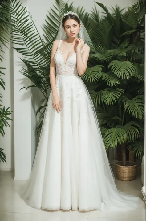 Top quality, Masterpiece, hyper HD, (Photorealistic: 1.4), RAW photo, ultra realistic, 1girl，Fashion model，Wearing a white ballgown wedding dress，tulle fabric, full body, in white room with indoor decorative palm tree，Stand upright and look straight, , ski...