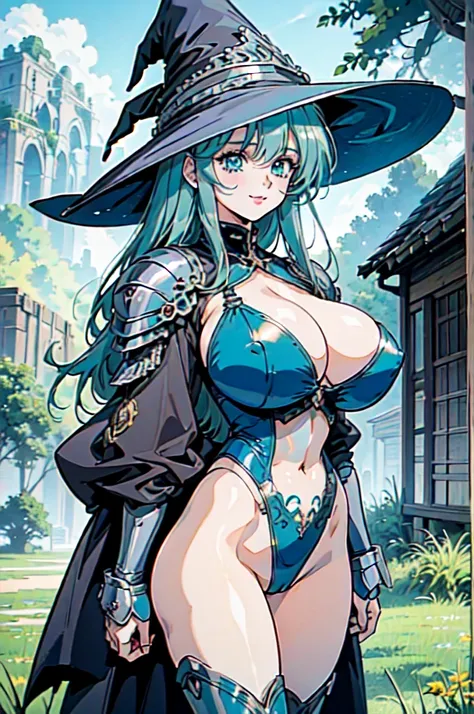 "(masterpiece:1.1), best quality, 
1girl, (80s anime style:1.3), (eyelashes:1.5), (loli:1.2), 
(intricate high detailed body:1.2), 
(aqua hair:1.1), (blunt bangs:1.1), (long hair:1.1), (witch hat:1.2), 
blue eyes, (lip stick:1.3), 
(pale skin:1.3), (muscul...