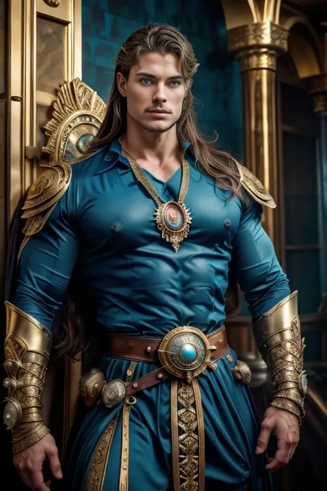 (( man )), ( with a peacock) )), with a necklace ,((blue eyes)), ((long hair)), muscular male hero, attractive, half shot of a h...