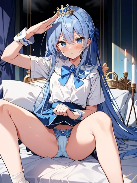 masterpiece, best_quality, ultra-detailed, illustration, looking at viewer, ((solo)), ((1girl)), magical girl, magic circle, blue silver very long wavy braid beautiful hair, mage staff, (detailed cool face, cute panties, lying on royal bed, m-shaped spread...