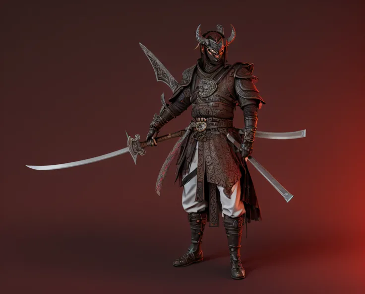 Close up of a man holding a sword and devil costume, Demon Samurai, red demon samurai warrior, yasuke 5 0 0 px model, Zbrush 3D rendering, zbrush model, Made with zbrush, ZBrush!!, Samurai with devil mask, Draw with zbrush, Zbrush rendering, hyper-detailed...