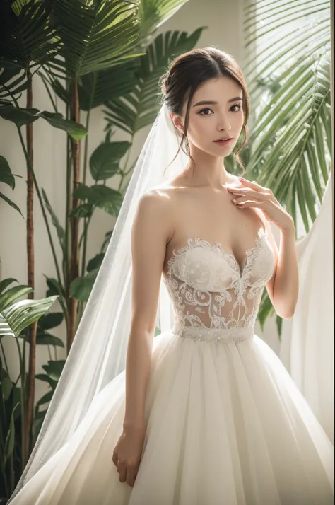 Best quality, 8k, 32k, Masterpiece, UHD:1.2, Masterpiece, (Photorealistic: 1.4), RAW photo, ultra realistic, skin detail, 1girl，Fashion model，Wearing a white ballgown wedding dress，tulle fabric, full body, in white room with indoor decorative palm tree，Sta...