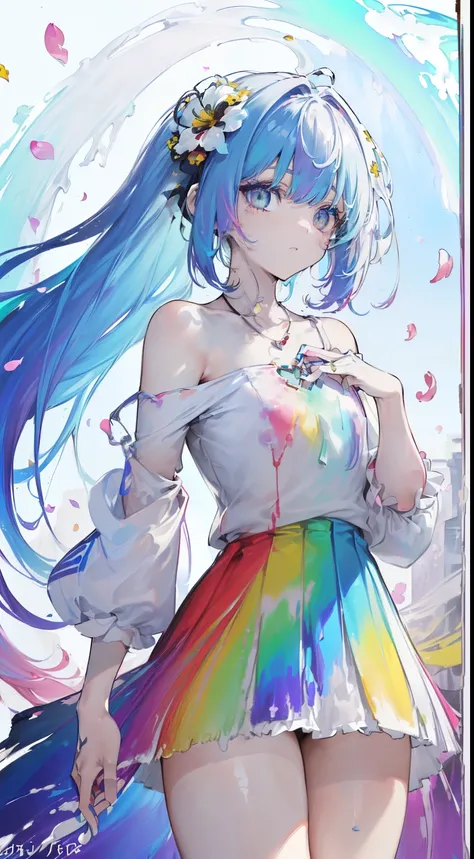 (colored hair: 1.8), (all the colors of the rainbow: 1.8),(((((vertical painting：1.6))), （Painting：1.6），front, Comics, illustrations, Painting, big eyes , crystal clear eyes,（Rainbow Color Gradient High Ponytail：1.7）, exquisite makeup, closed mouth,(Small ...