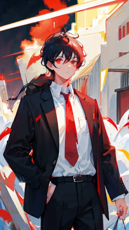 1 boy, black hair, red eyes, school clothes, at night