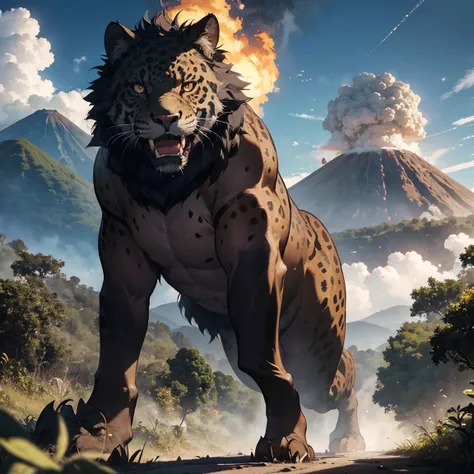 A giant Jaguar beast with huger fangs and spiky fur and razor sharp claws advances into camera, on a jungle road in Guatemala, with a volcano exploding in the far distance, fills sky with black smoke that forms into demonic clouds