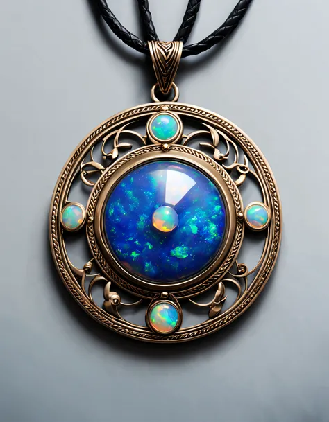 item design, (a circular zodiac pendant), (a double opal stone in the middle: 1.3), (only one double opal), (a black leather rop...