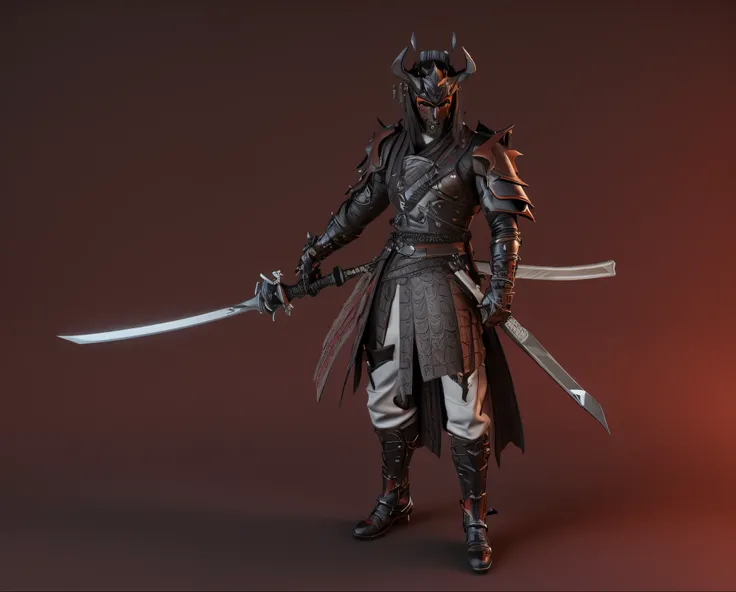 Close-up of a man holding a sword and devil costume, Demon Samurai, red devil samurai warrior, yasuke 5 0 0 px model, Zbrush 3D rendering, zbrush model, Made with zbrush, ZBrush!!, Samurai with devil mask, Draw using zbrush, Zbrush rendering, hyper-detaile...