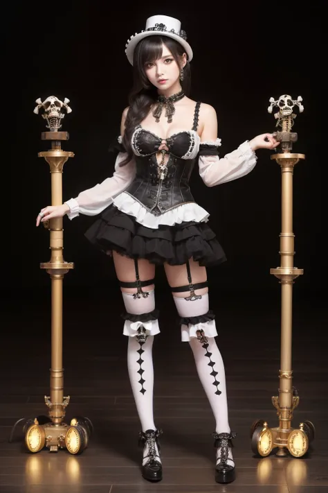 Female idol covered in skeletons、full body Esbian、、Steampunk fashion covered with skulls and skeletons（white and black）、